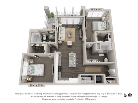 Floor plan for 2 beds, 2 baths, 1167 sqft